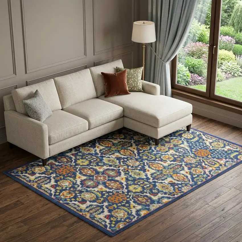 Blue Floral Power Loom Area Rug Photo 1