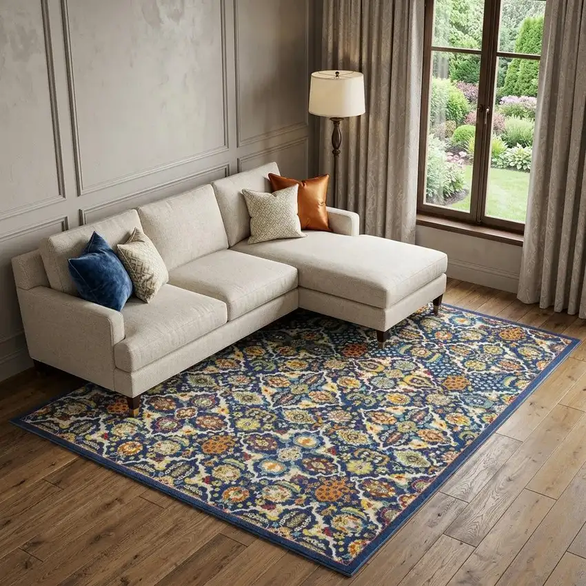 Blue Floral Power Loom Area Rug Photo 1