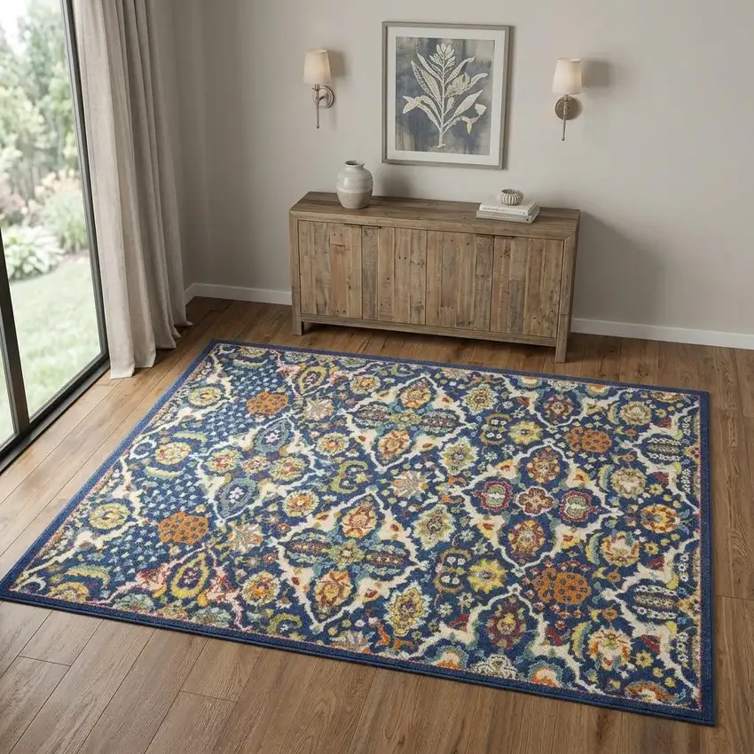 Blue Floral Power Loom Area Rug Photo 1