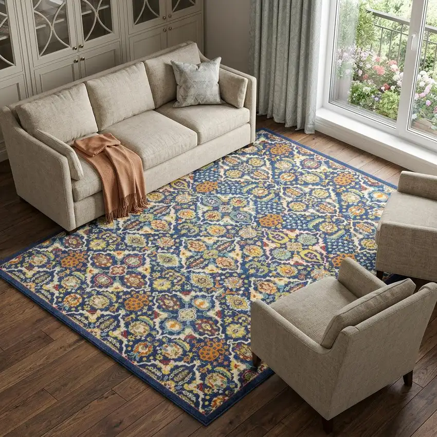 Blue Floral Power Loom Area Rug Photo 1