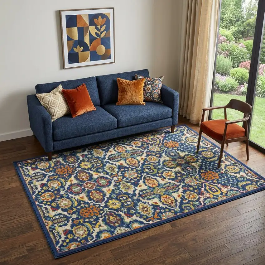 Blue Floral Power Loom Area Rug Photo 1