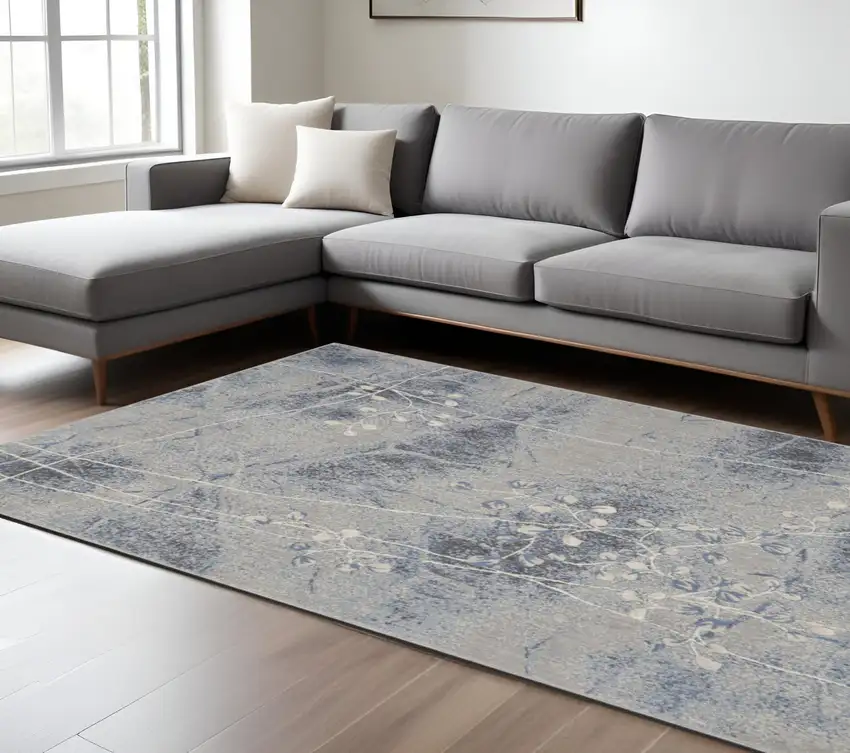 Blue Floral Power Loom Non Skid Area Rug Photo 1