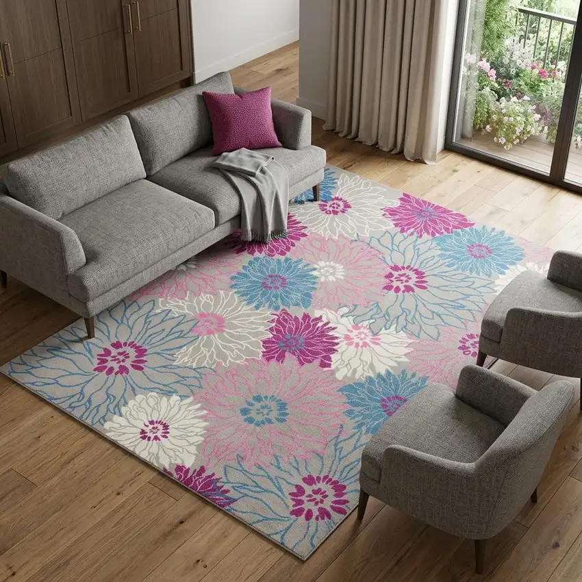 Blue Floral Power Loom Area Rug Photo 1
