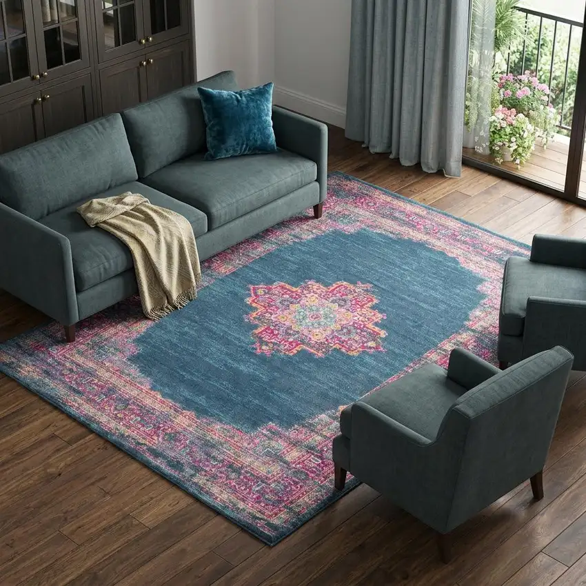 Blue Floral Power Loom Area Rug Photo 1