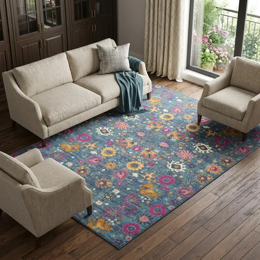 Blue Floral Power Loom Area Rug Photo 1