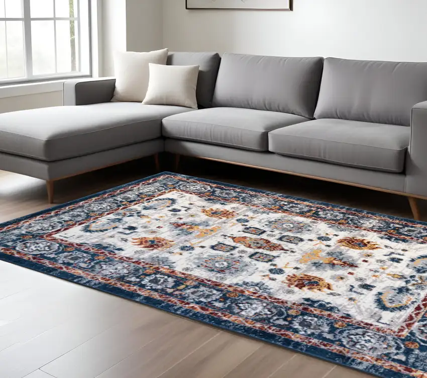 Ivory Navy and Orange Floral Power Loom Area Rug Photo 1
