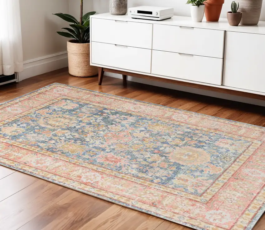 Blue Gold and Orange Floral Power Loom Area Rug Photo 1