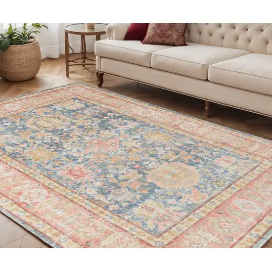 Blue Gold and Orange Floral Power Loom Area Rug Photo 1