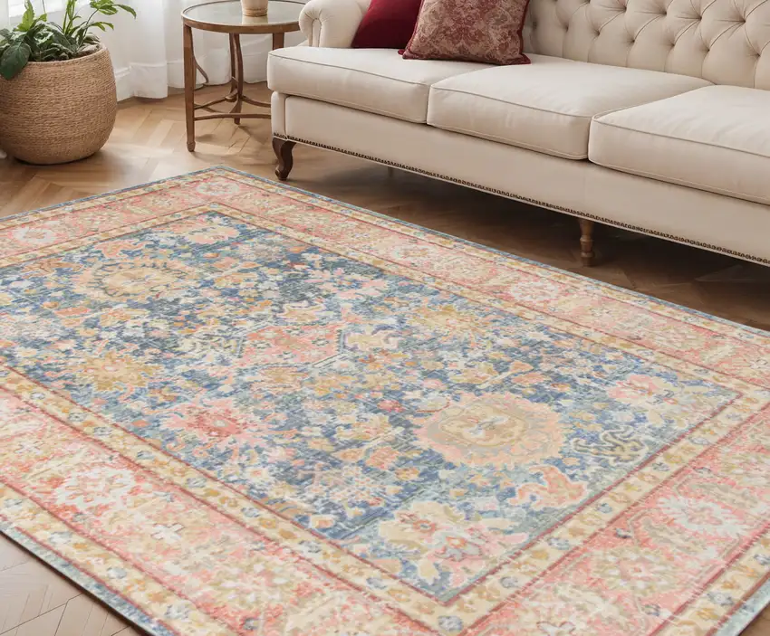 Blue Gold and Orange Floral Power Loom Area Rug Photo 1