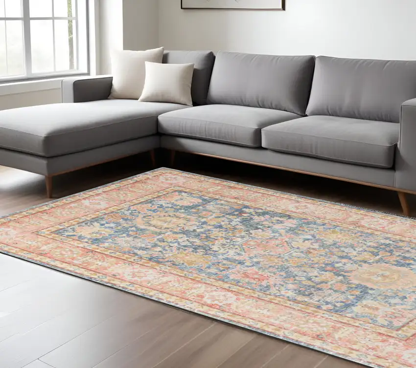 Blue Gold and Orange Floral Power Loom Area Rug Photo 1