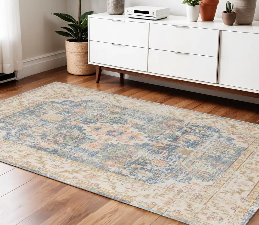 Blue Gold and Orange Floral Power Loom Area Rug Photo 1