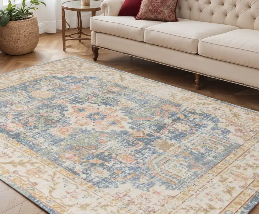 Blue Gold and Orange Floral Power Loom Area Rug Photo 1