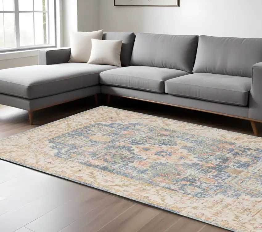 Blue Gold and Orange Floral Power Loom Area Rug Photo 1