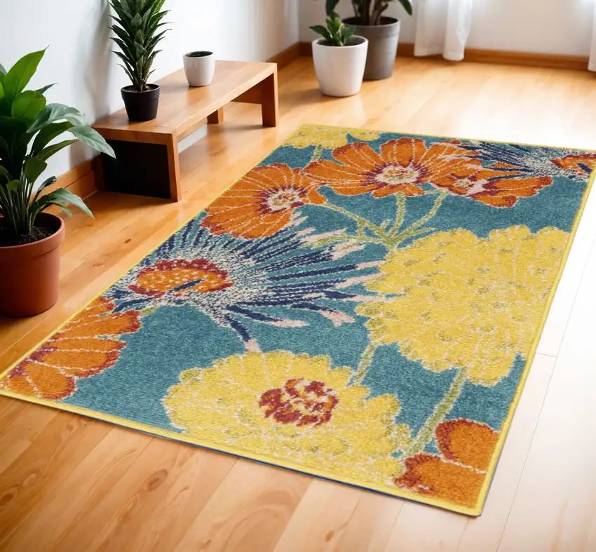 Blue Floral Power Loom Area Rug Photo 1