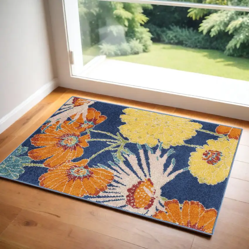Blue Floral Power Loom Area Rug Photo 1