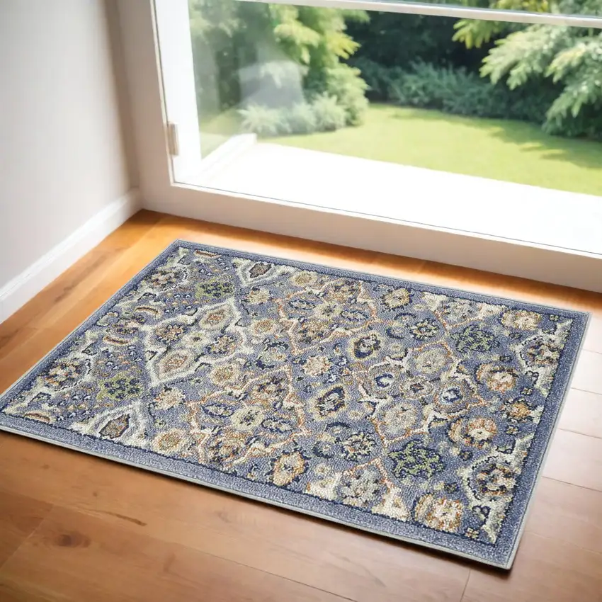 Blue Floral Power Loom Area Rug Photo 1