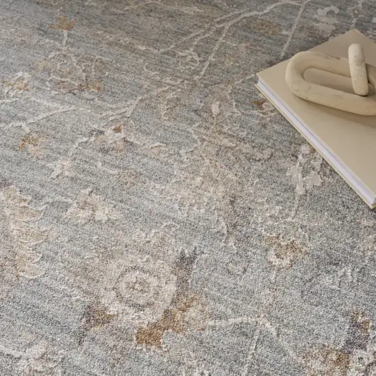 Blue Floral Power Loom Distressed Area Rug With Fringe Photo 9