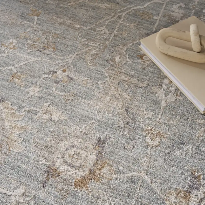Blue Floral Power Loom Distressed Area Rug With Fringe Photo 9