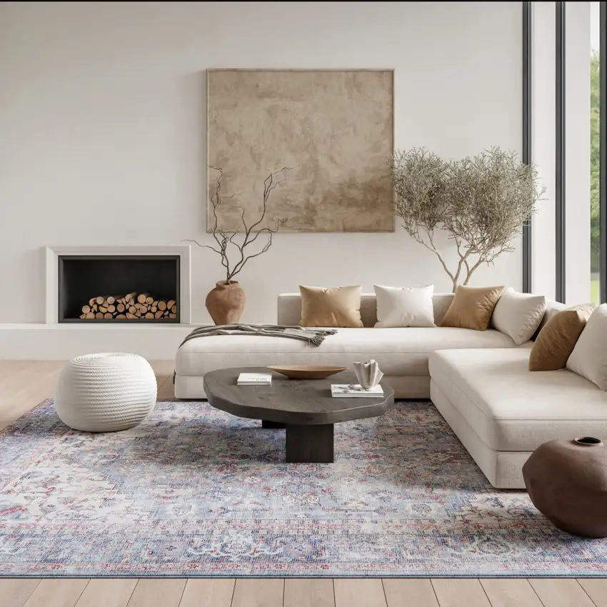 Blue Floral Power Loom Distressed Area Rug Photo 5