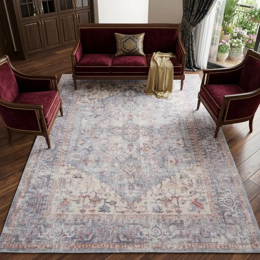 Blue Floral Power Loom Distressed Area Rug Photo 1