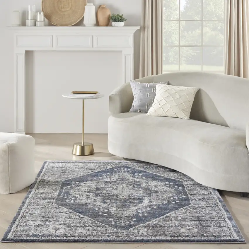 Blue Floral Power Loom Distressed Area Rug Photo 6