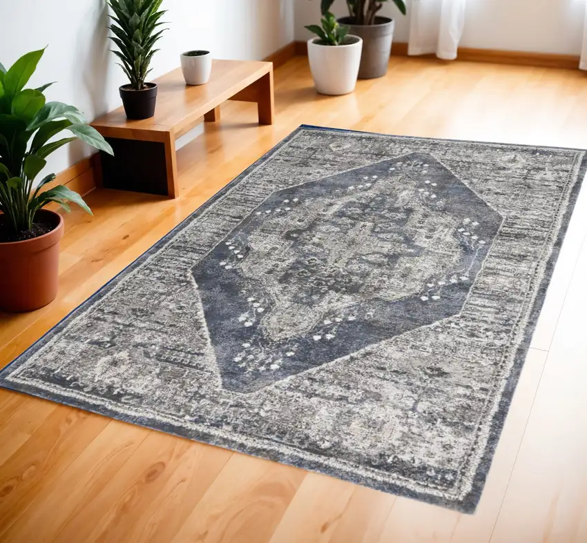 Blue Floral Power Loom Distressed Area Rug Photo 1