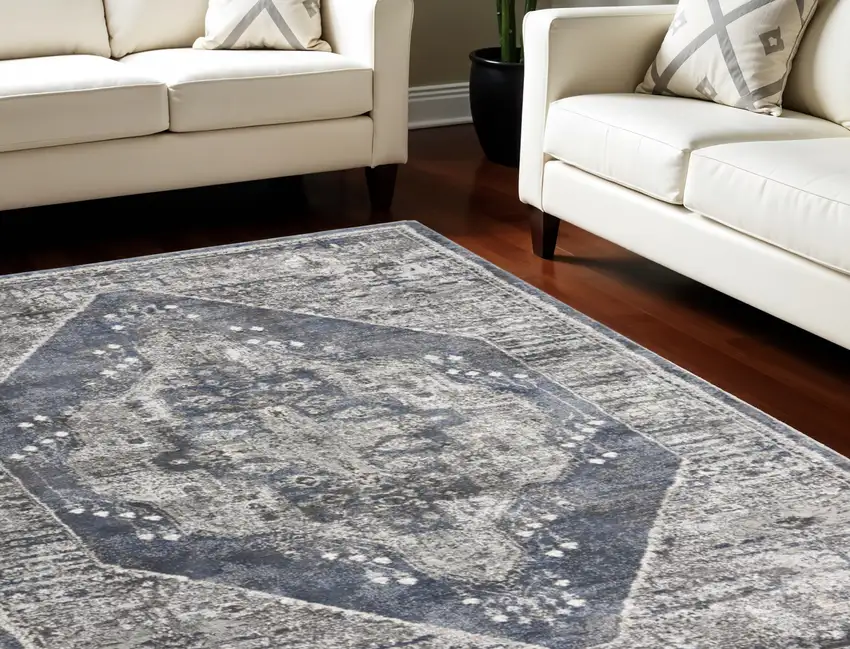 Blue Floral Power Loom Distressed Area Rug Photo 1