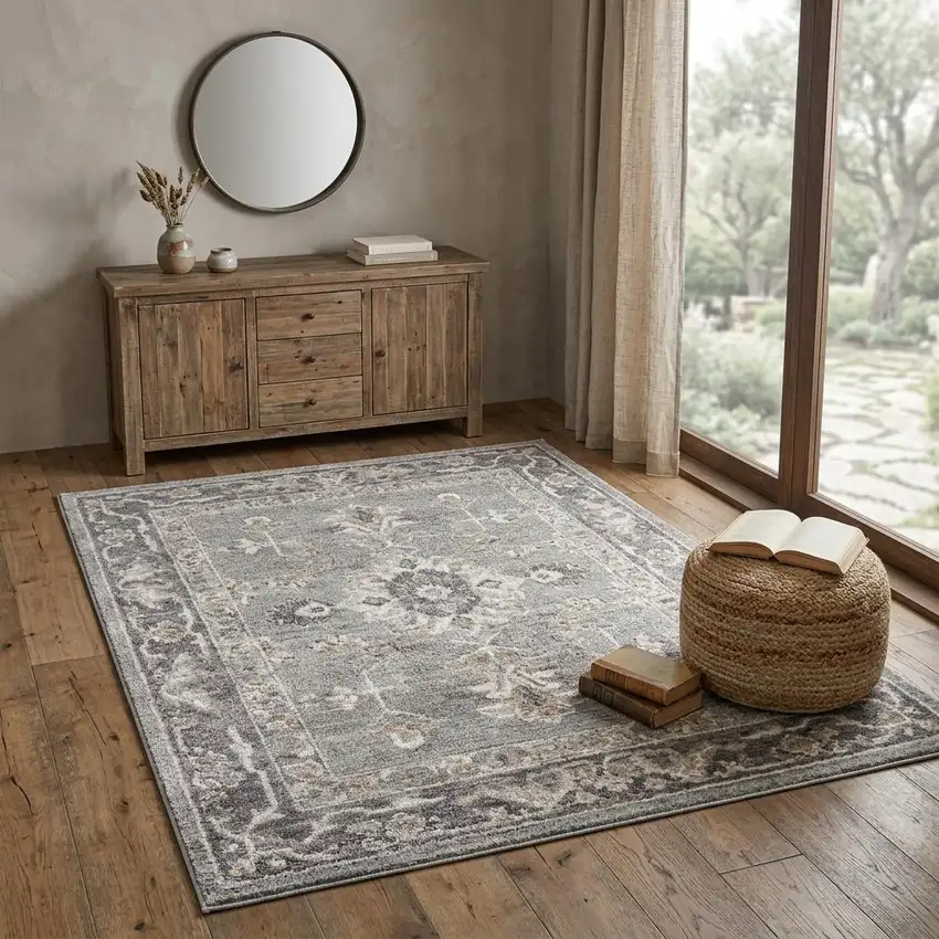 Blue Floral Power Loom Distressed Area Rug Photo 1