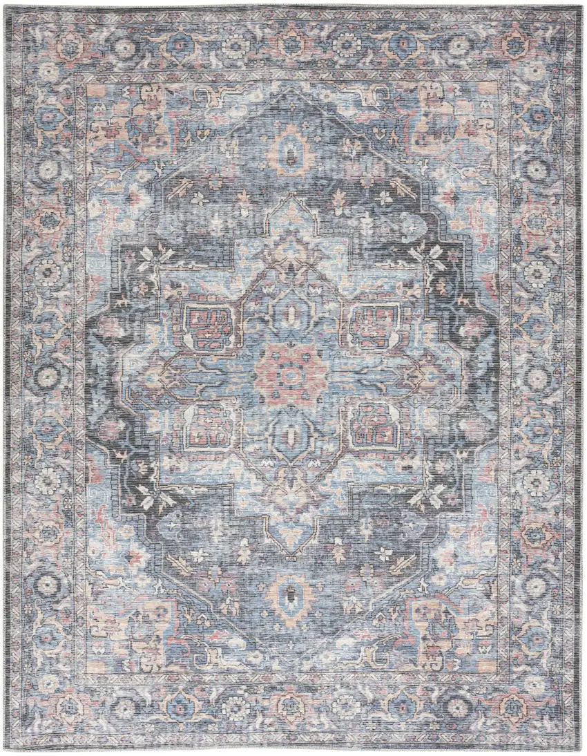 Blue Floral Power Loom Distressed Washable Area Rug Photo 2
