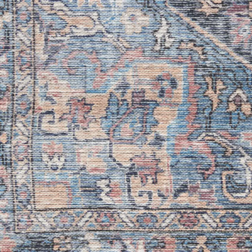 Blue Floral Power Loom Distressed Washable Area Rug Photo 1