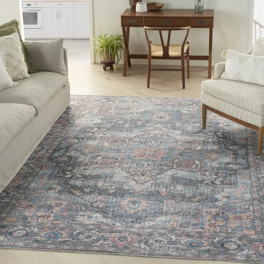 Blue Floral Power Loom Distressed Washable Area Rug Photo 5