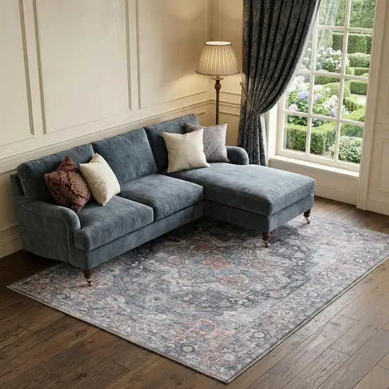 Blue Floral Power Loom Distressed Washable Area Rug Photo 1