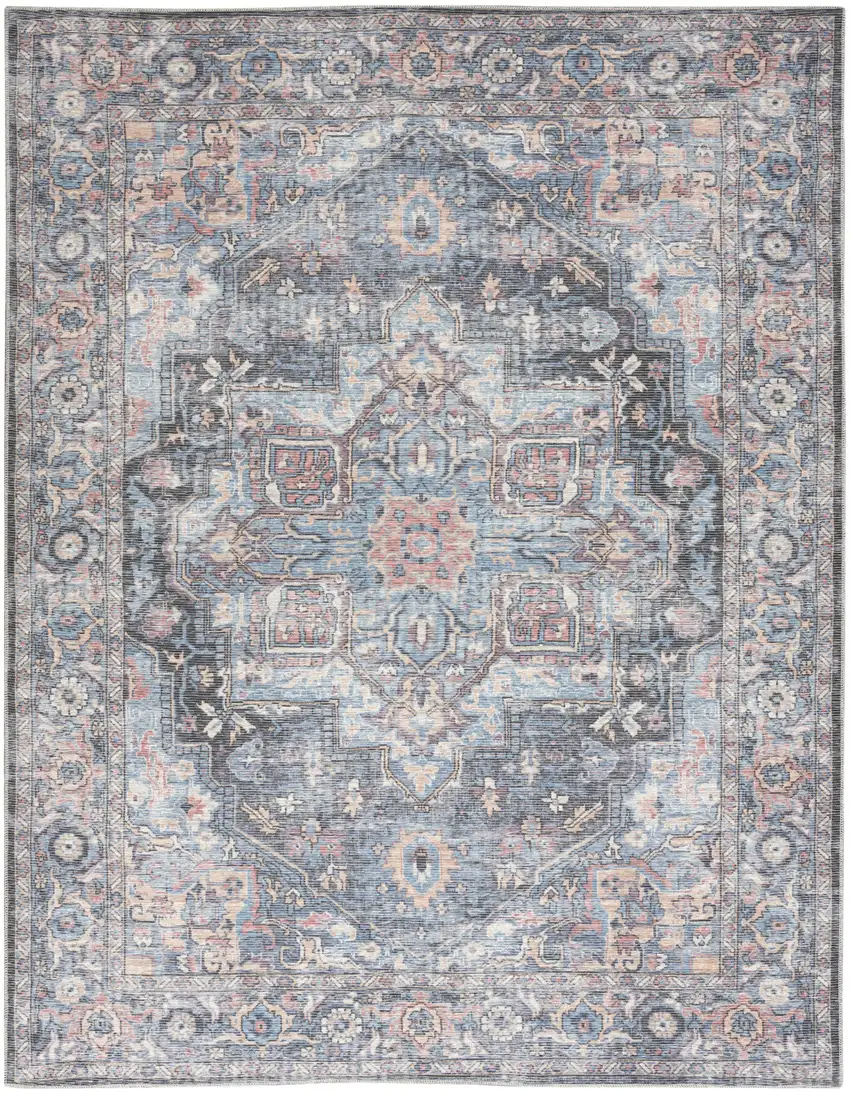 Blue Floral Power Loom Distressed Washable Area Rug Photo 8