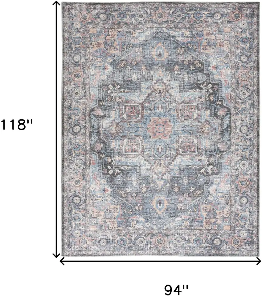 Blue Floral Power Loom Distressed Washable Area Rug Photo 7