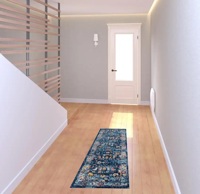 Blue Floral Power Loom Runner Rug Photo 3