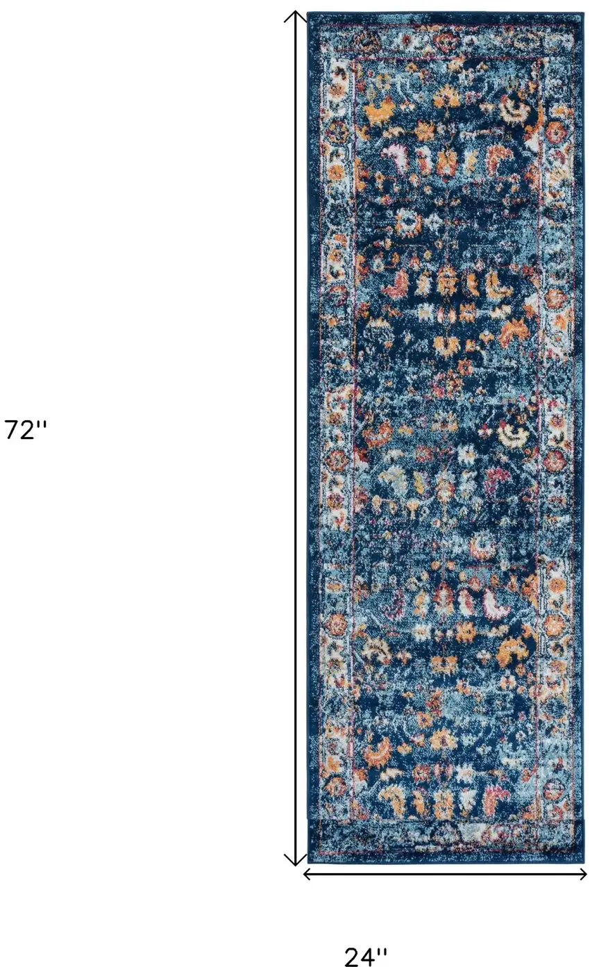 Blue Floral Power Loom Runner Rug Photo 6