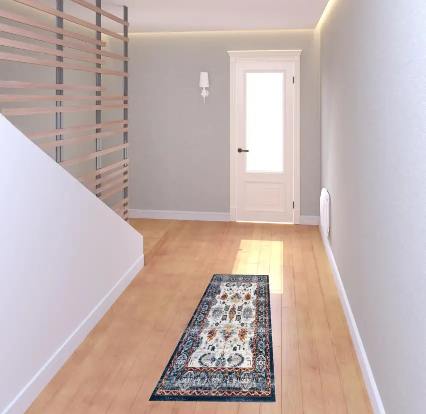 Blue Floral Power Loom Runner Rug Photo 2