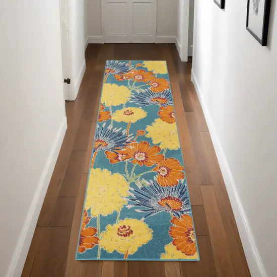 Blue Floral Power Loom Runner Rug Photo 1
