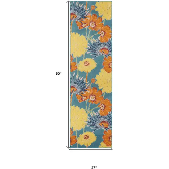 Blue Floral Power Loom Runner Rug Photo 3