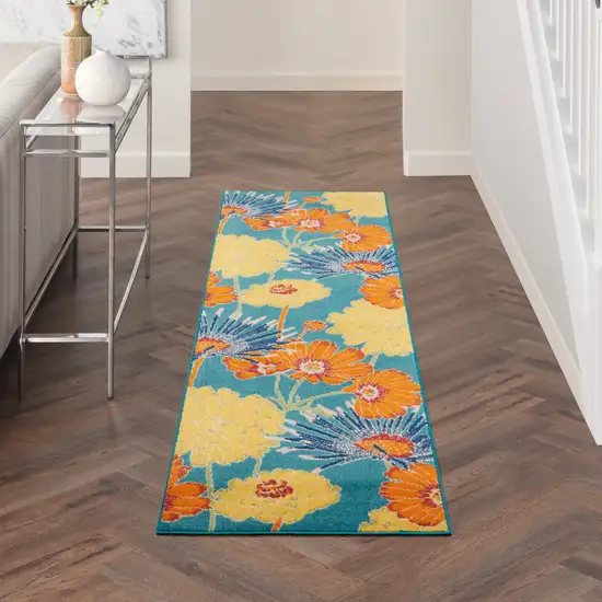 Blue Floral Power Loom Runner Rug Photo 9