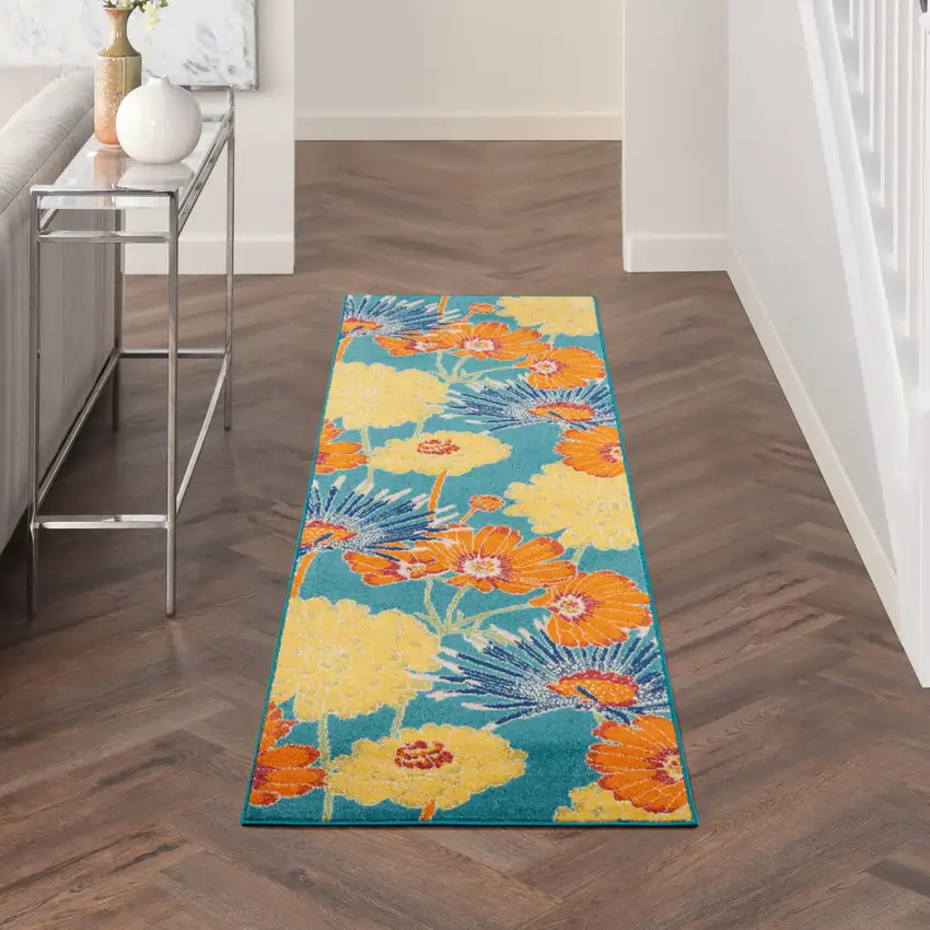 Blue Floral Power Loom Runner Rug Photo 9