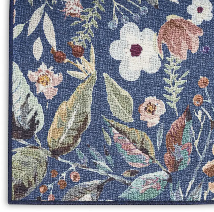 Blue Floral Power Loom Washable Non Skid Runner Rug Photo 7
