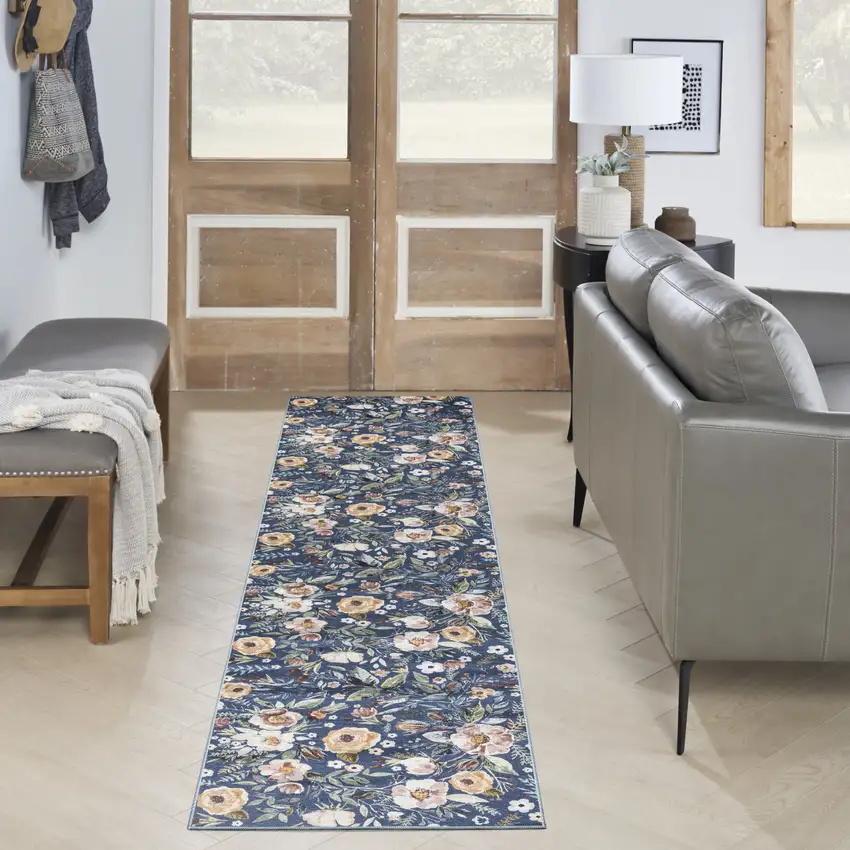 8' Blue Floral Washable Runner Rug Photo 5