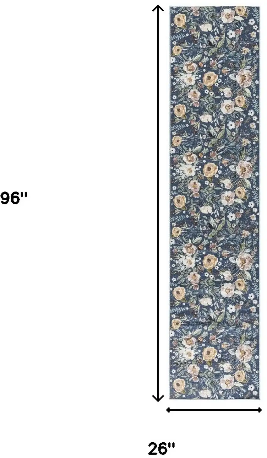 Blue Floral Power Loom Washable Non Skid Runner Rug Photo 3