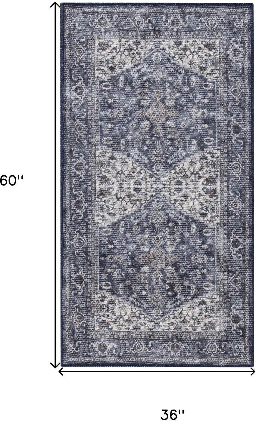 Blue Floral Power Loom Worn Faded Area Rug Photo 3