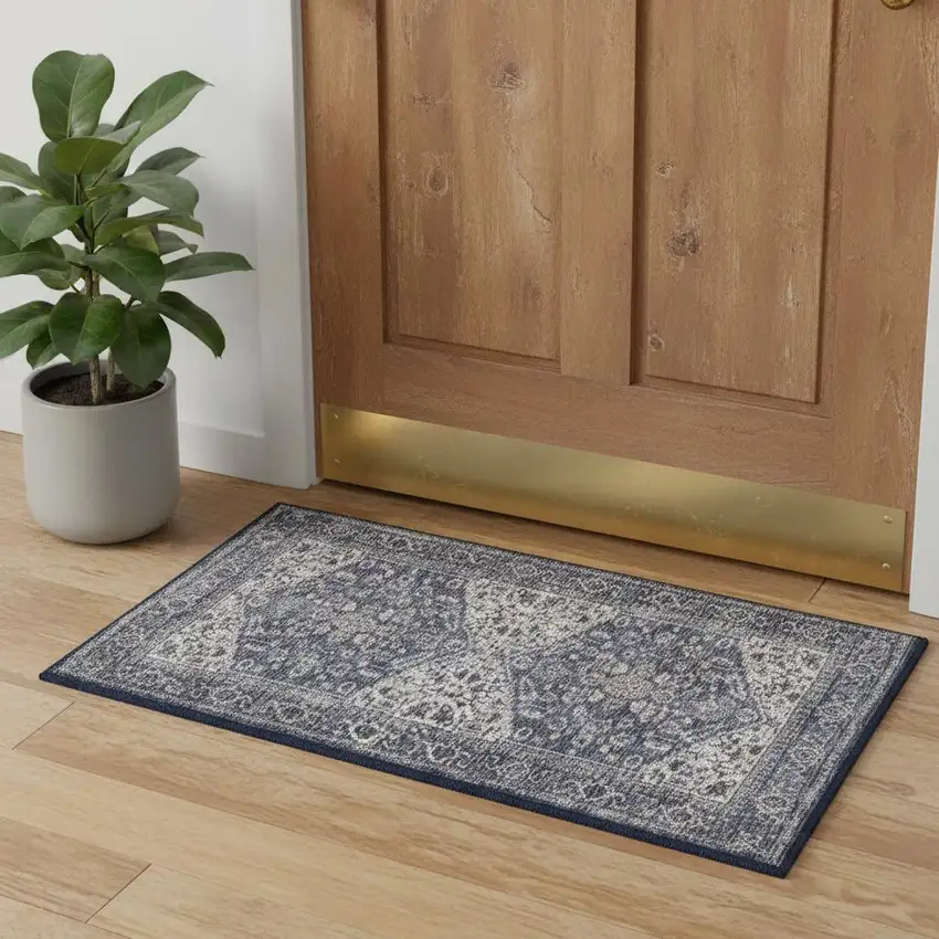 Blue Floral Power Loom Worn Faded Area Rug Photo 1