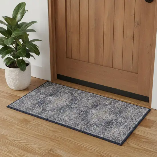 Blue Floral Power Loom Worn Faded Area Rug Photo 1