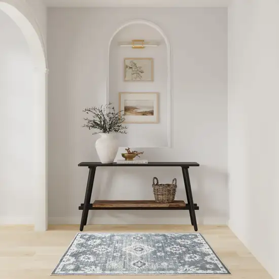 Blue Floral Power Loom Worn Faded Area Rug Photo 5