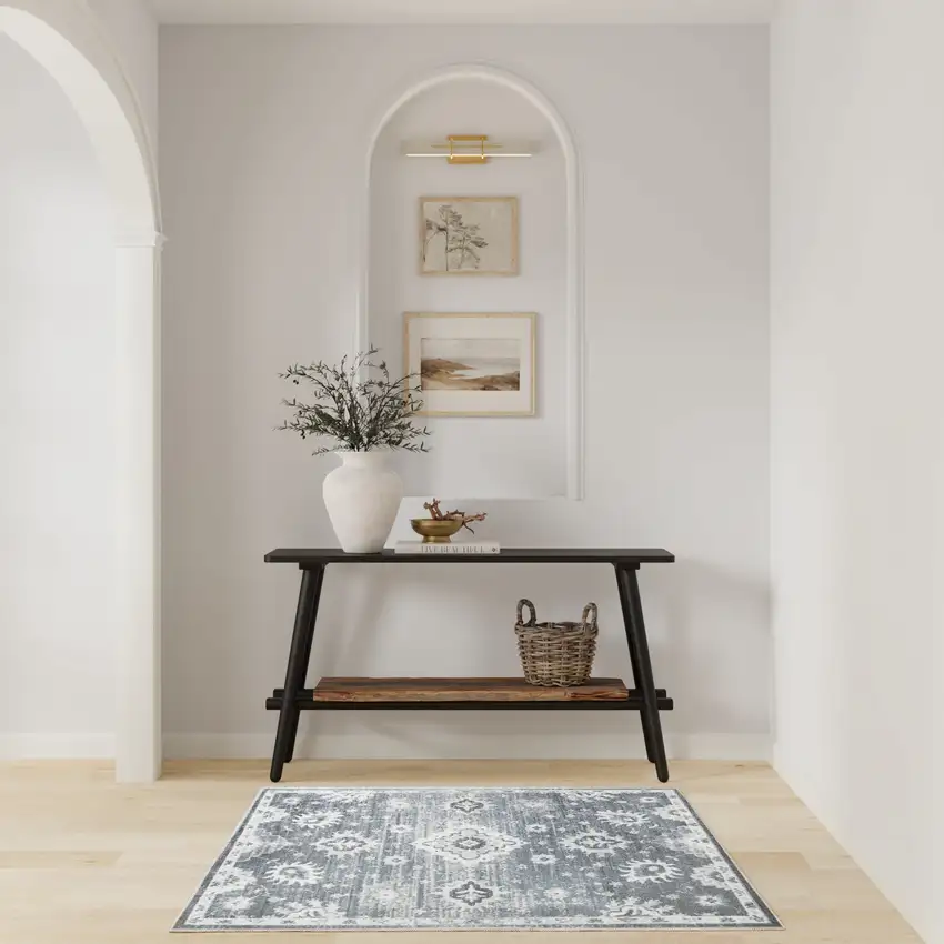 Blue Floral Power Loom Worn Faded Area Rug Photo 5