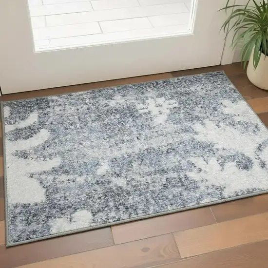 Blue Floral Power Loom Worn Faded Area Rug Photo 1